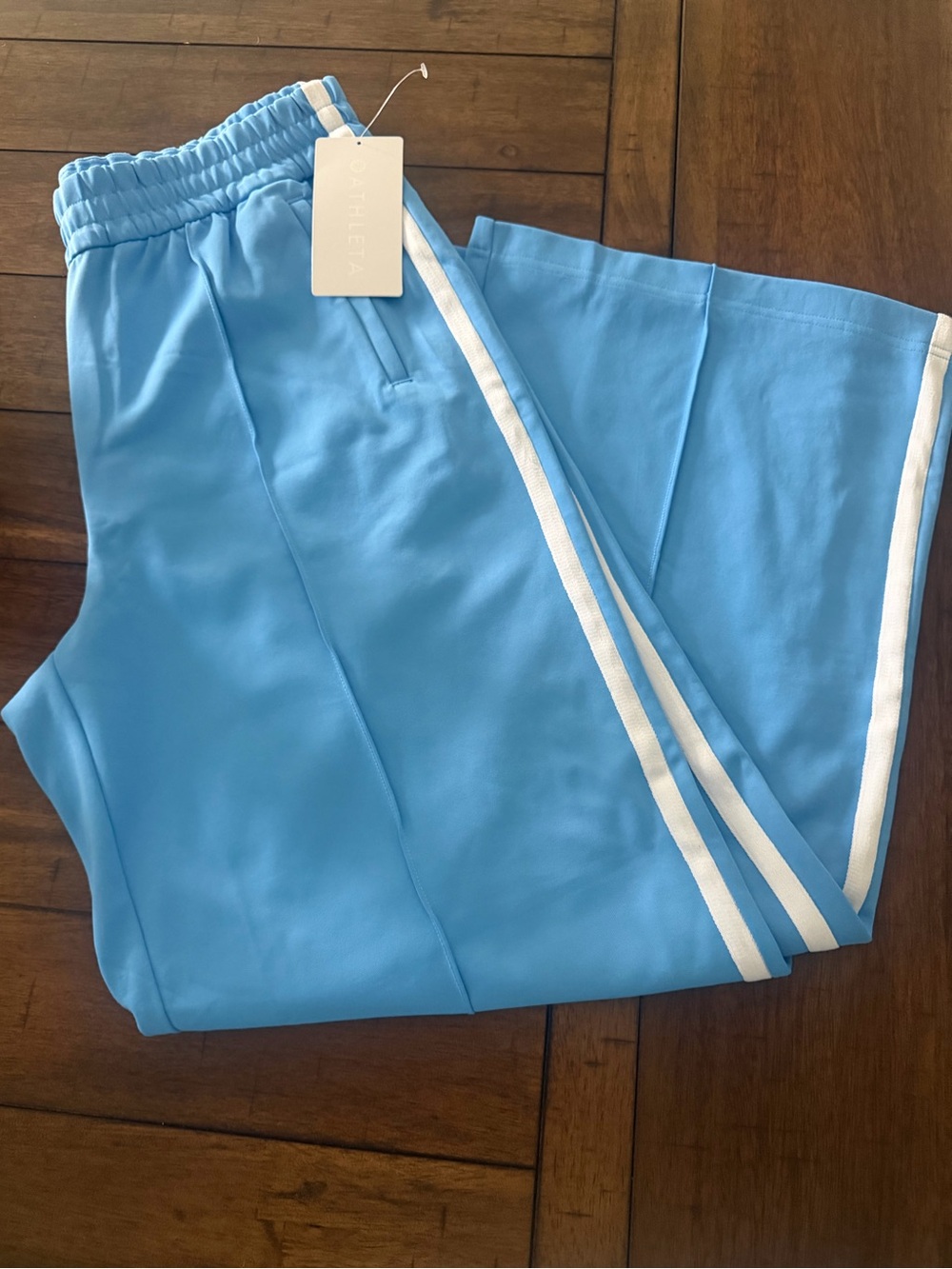 ATHLETA Tempo Wide Leg Blue Track Pants with White Side Stripes Size L Quality - Picture 3 of 8